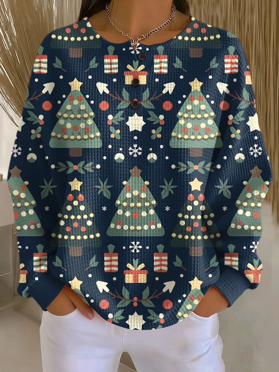 Women's Navy Print Christmas Jumper - Navy Blue