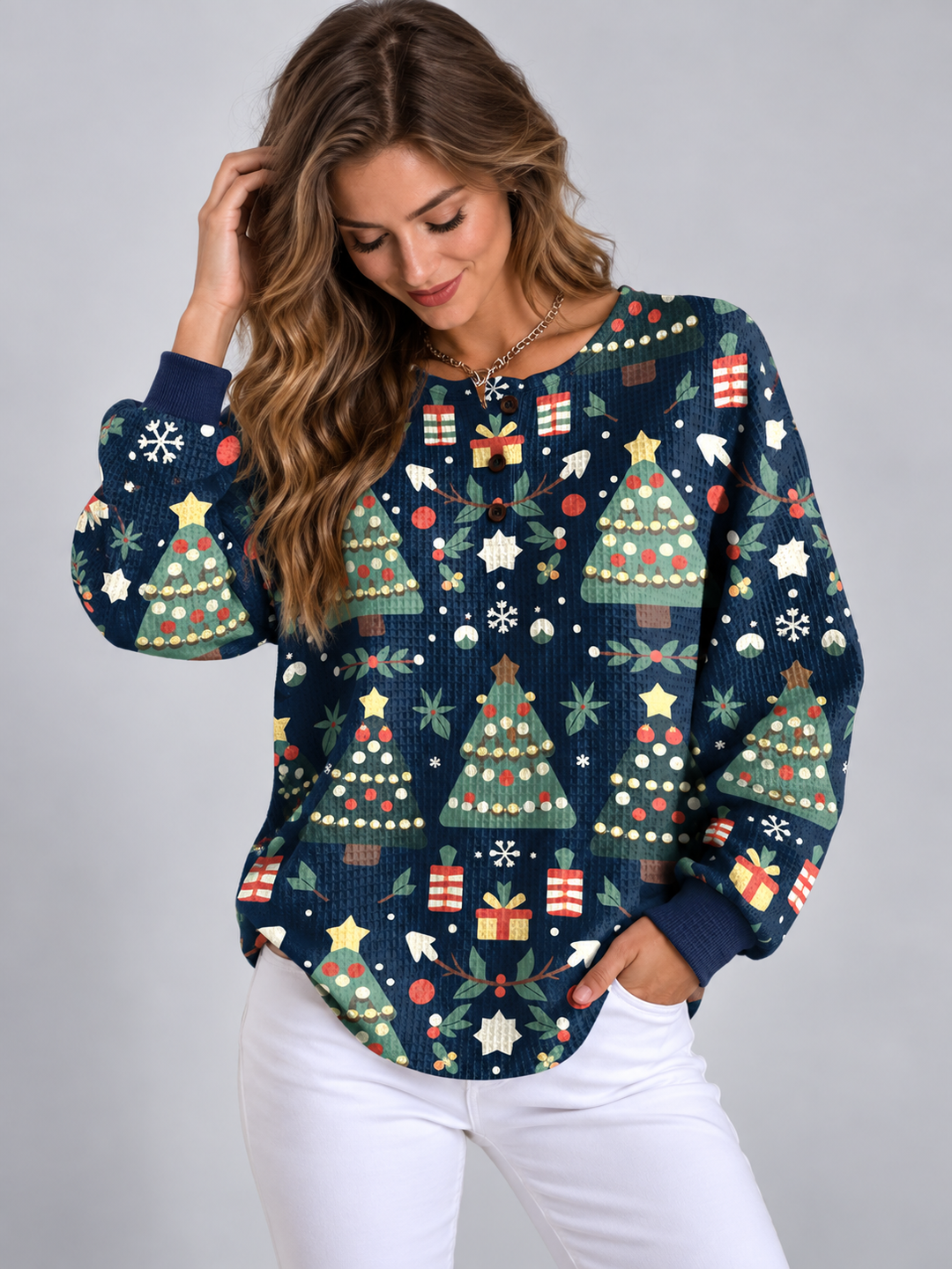 Women's Navy Print Christmas Jumper - Navy Blue