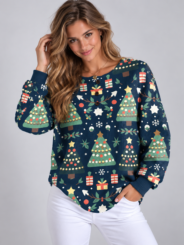 Women's Navy Print Christmas Jumper - Navy Blue