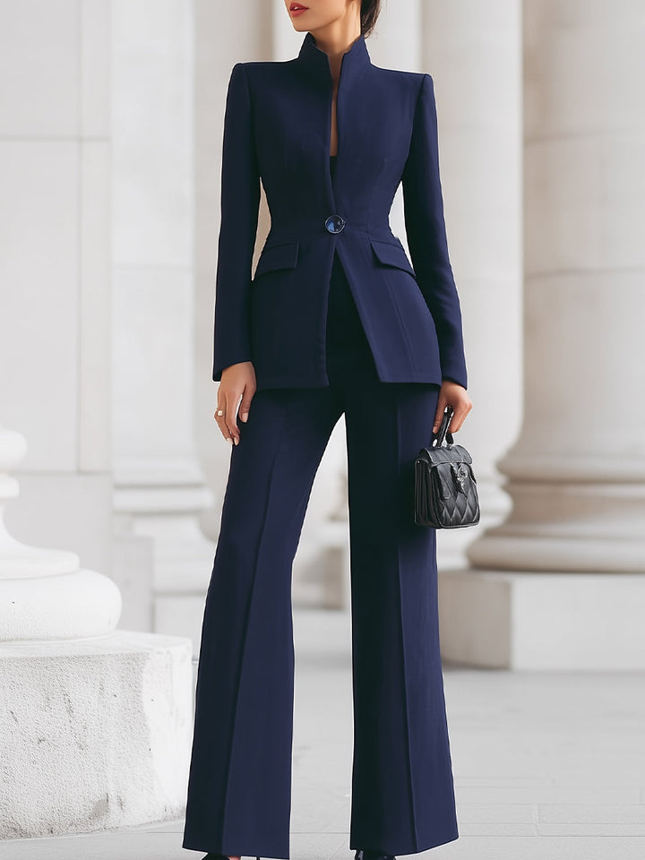 Women's Stand Collar Blazer Flared Trouser Suit Co Ord 1