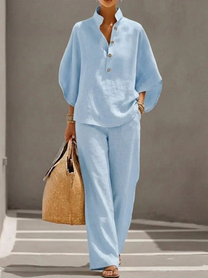 Ciarnat | Bat-Sleeve Top and Wide-Leg Trouser Set with Elastic Waist