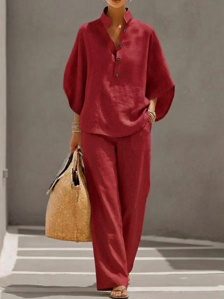 Ciarnat | Bat-Sleeve Top and Wide-Leg Trouser Set with Elastic Waist