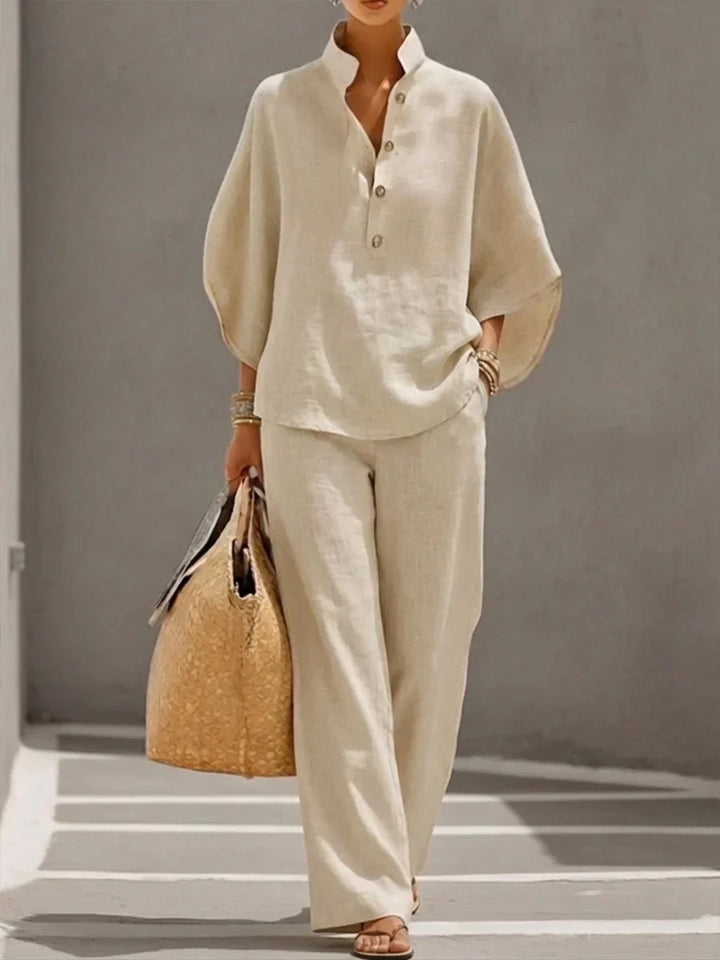 Ciarnat | Bat-Sleeve Top and Wide-Leg Trouser Set with Elastic Waist