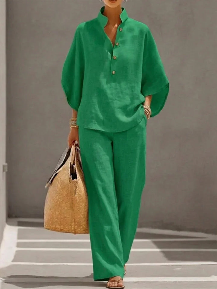 Ciarnat | Bat-Sleeve Top and Wide-Leg Trouser Set with Elastic Waist