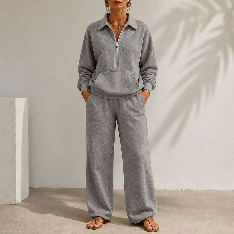 Women's Zip Collar Wide Leg Tracksuit Set 2