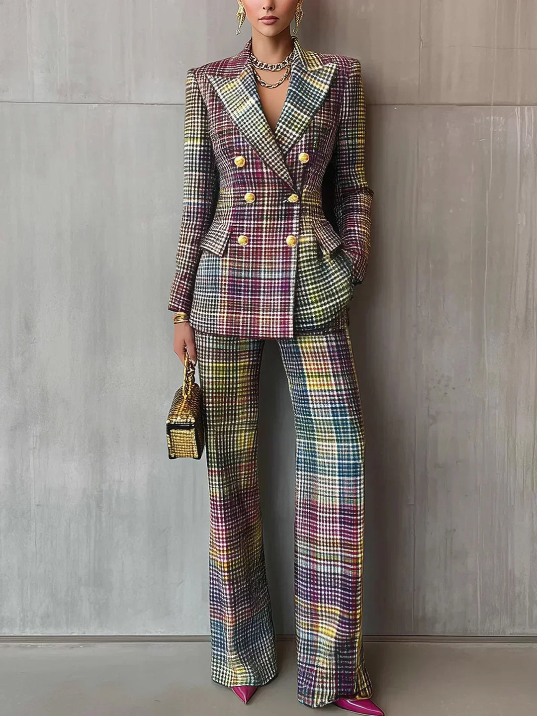 Women's Plaid Double Breasted Blazer Trouser Suit Set 1