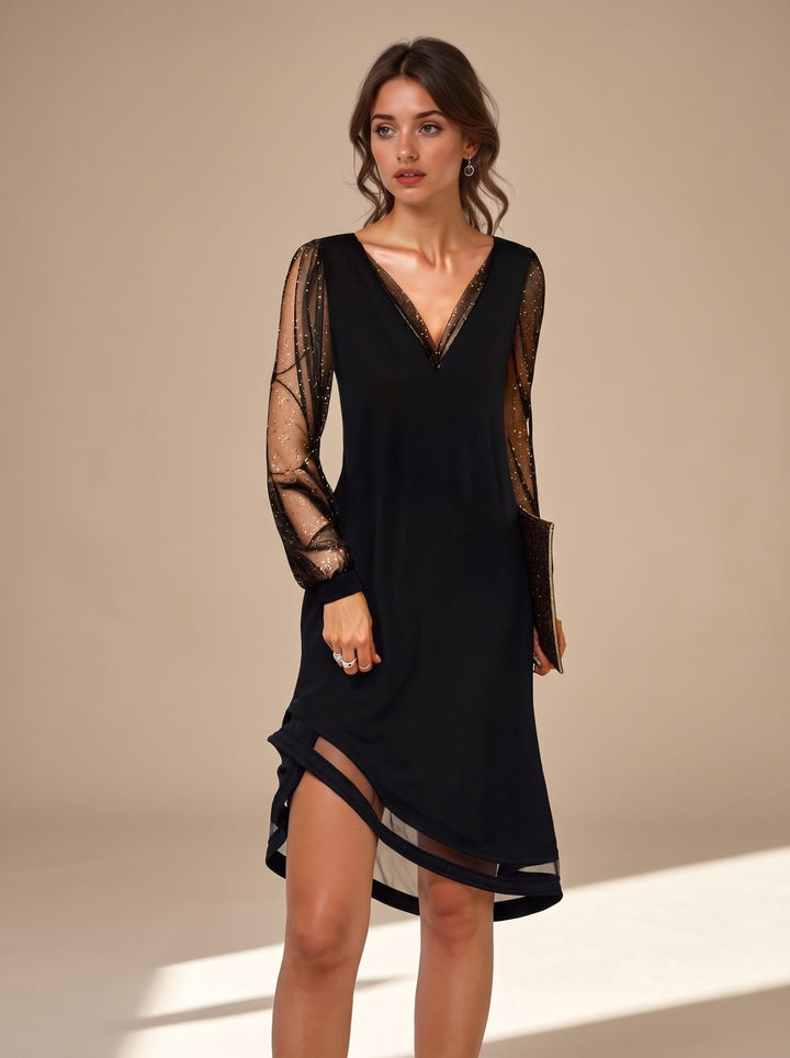 Women's Black Sheer Sleeve Christmas Party Dress - Black