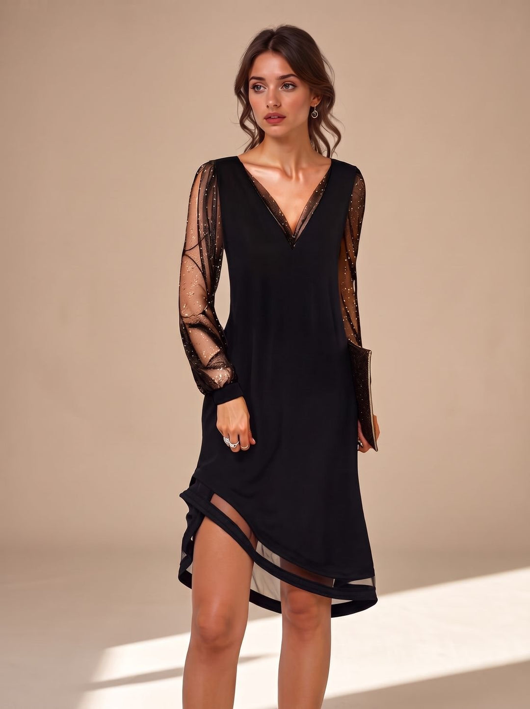 Women's Black Sheer Sleeve Christmas Party Dress