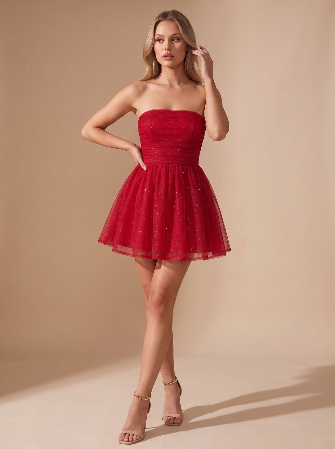 Women's Glitter Bustier Mini Christmas Party Dress - Red