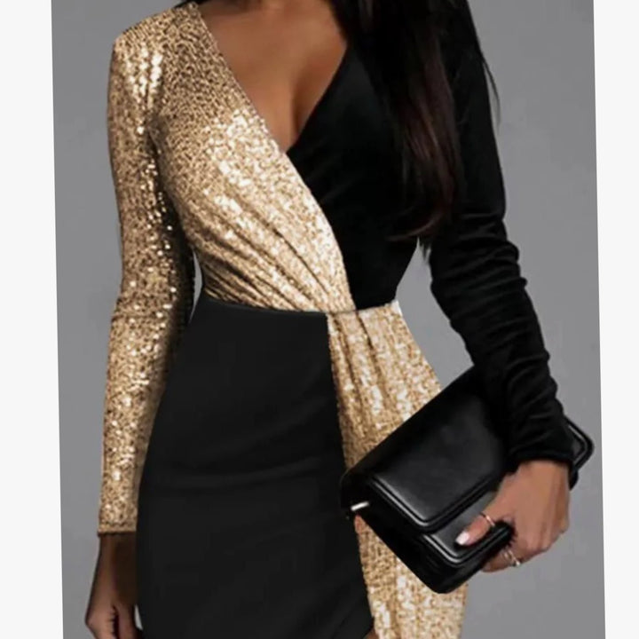 Women's Gold Sequin Colour Block Christmas Party Dress