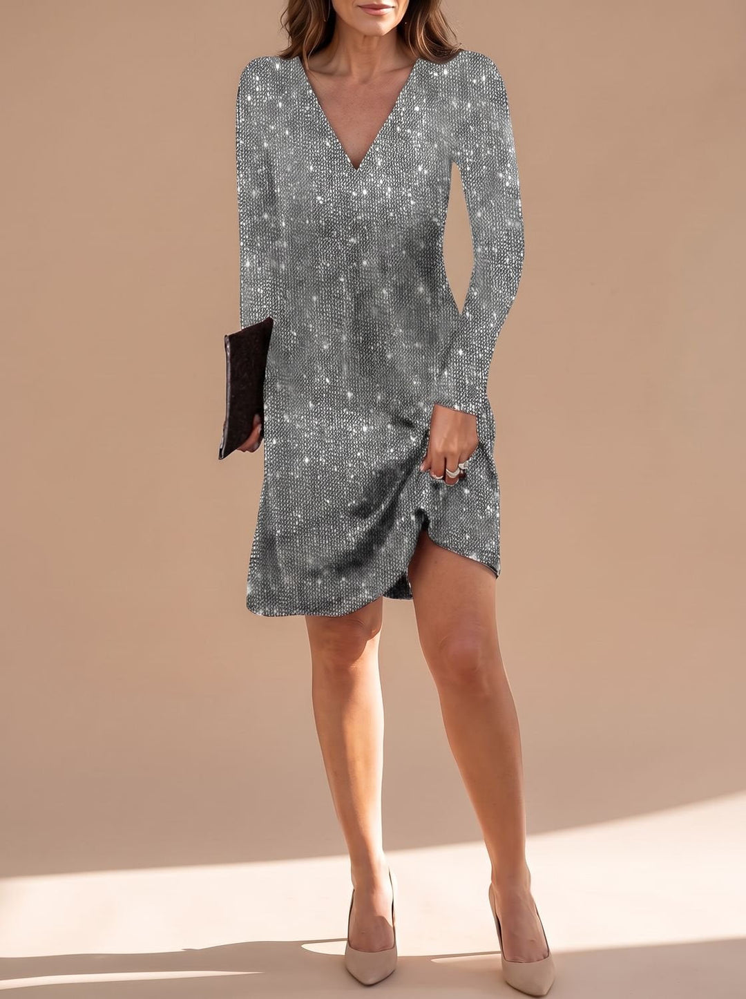 Women's Long Sleeve Sequin Mini Christmas Party Dress - Silver Grey