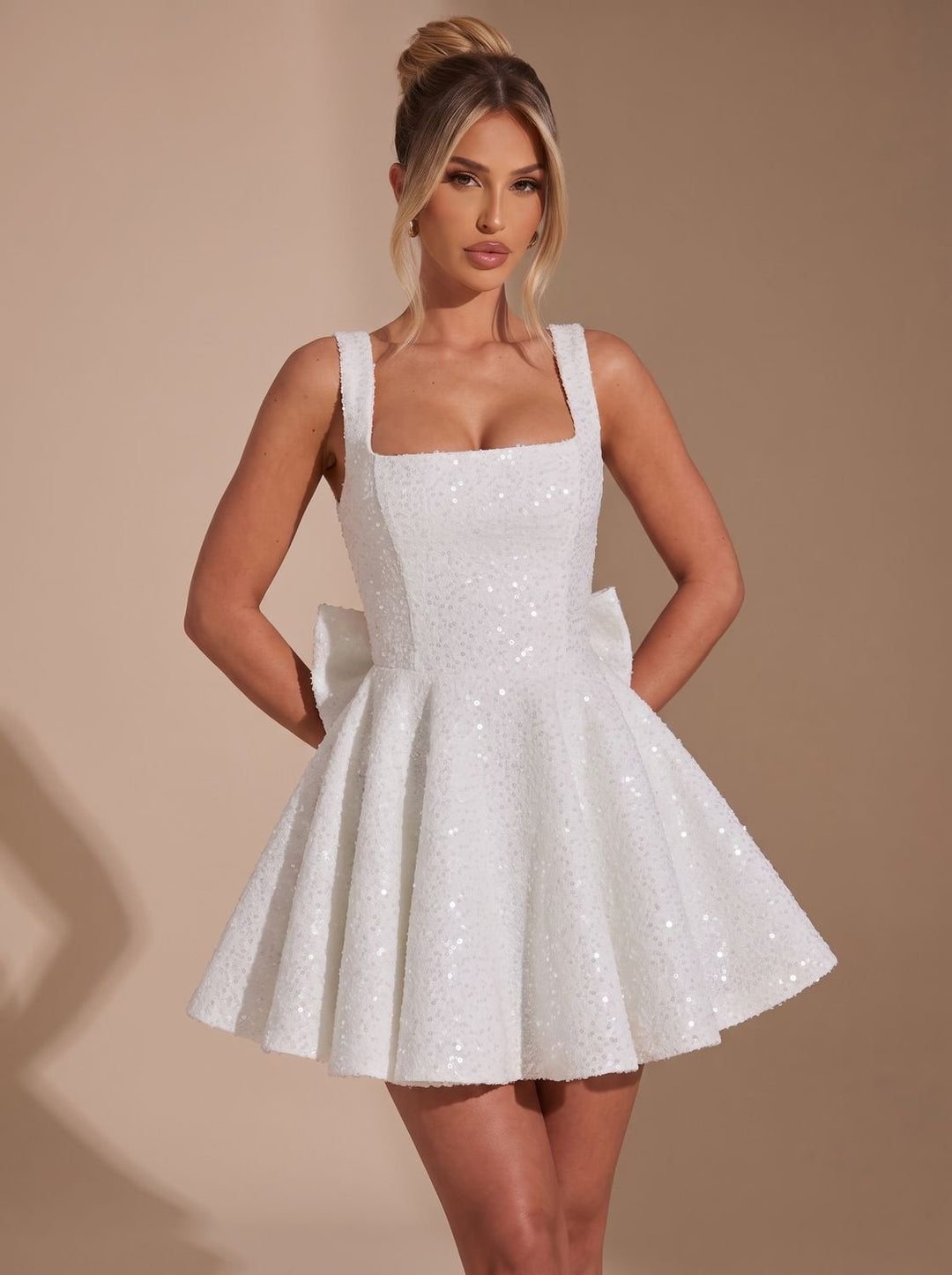 Women's Sequin Bow Flare Christmas Party Dress - White