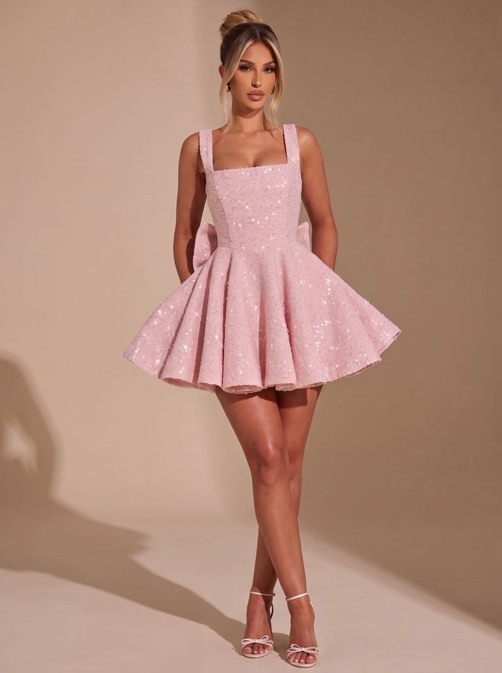 Women's Sequin Bow Flare Christmas Party Dress - Pink