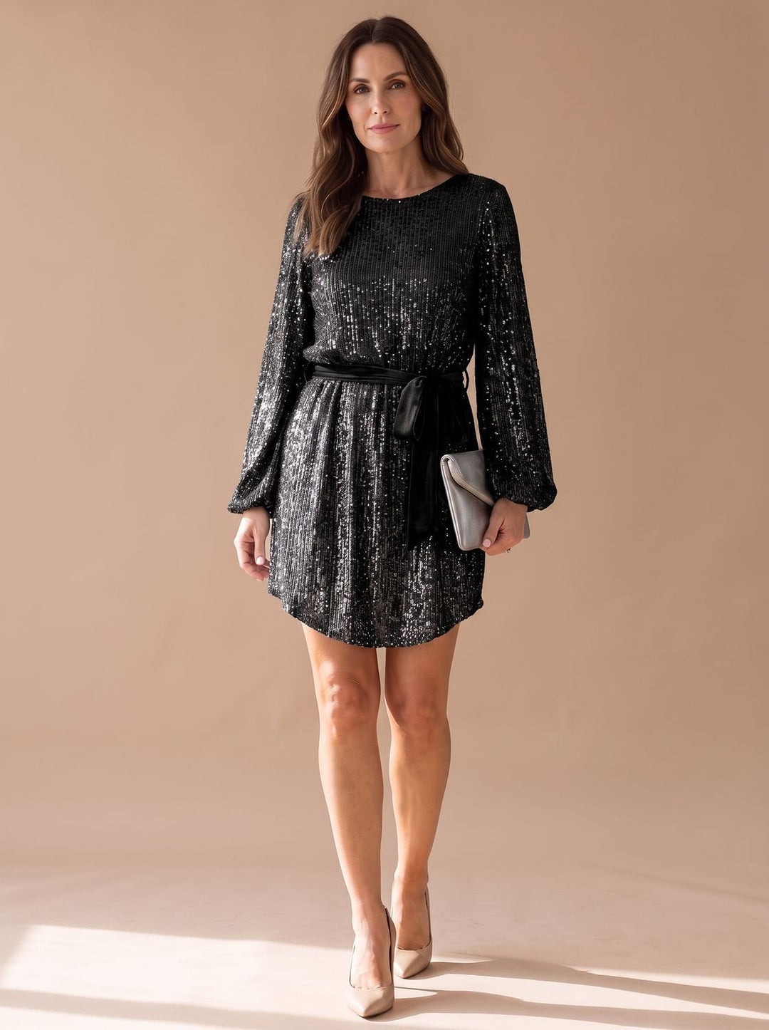 Women's Balloon Sleeve Sequin Christmas Party Dress - Black