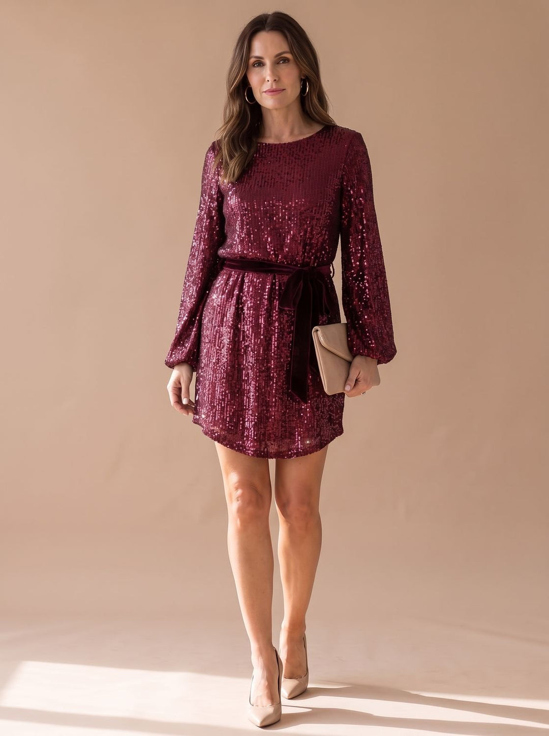 Women's Balloon Sleeve Sequin Christmas Party Dress - Red