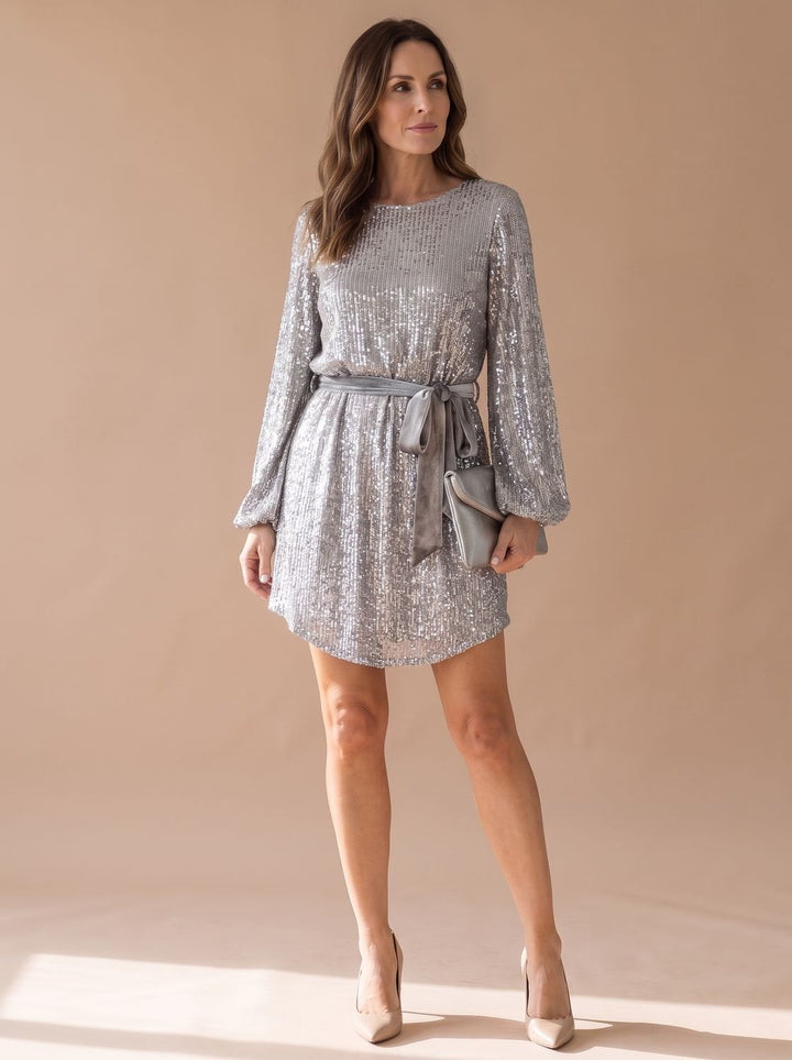Women's Balloon Sleeve Sequin Christmas Party Dress - White