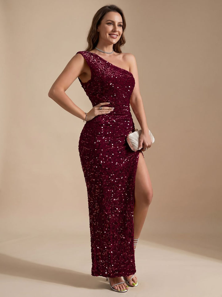 Women's One Shoulder Sequin Maxi Christmas Party Dress - Burgundy