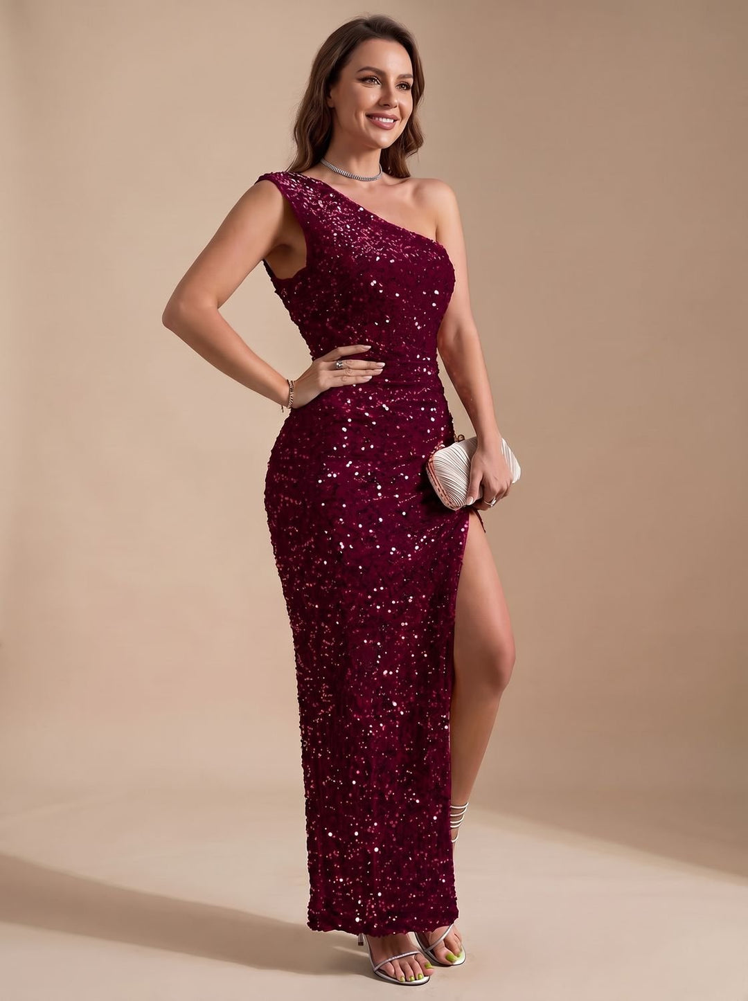 Women's One Shoulder Sequin Maxi Christmas Party Dress - Red