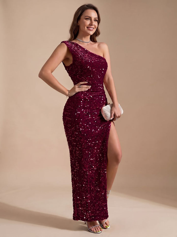 Women's One Shoulder Sequin Maxi Christmas Party Dress - Red