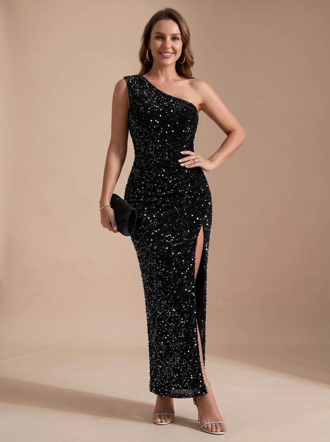 Women's One Shoulder Sequin Maxi Christmas Party Dress - Black