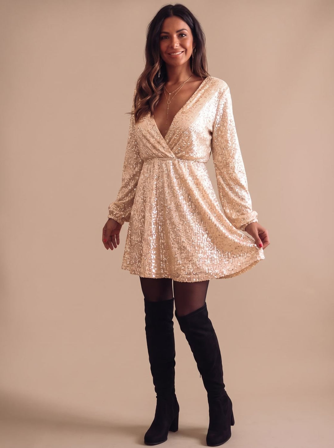 Women's Gold Sequin Wrap Christmas Party Dress - Gold
