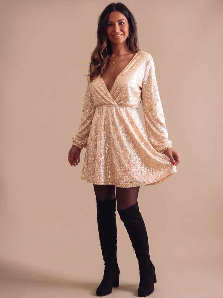 Women's Gold Sequin Wrap Christmas Party Dress - Gold