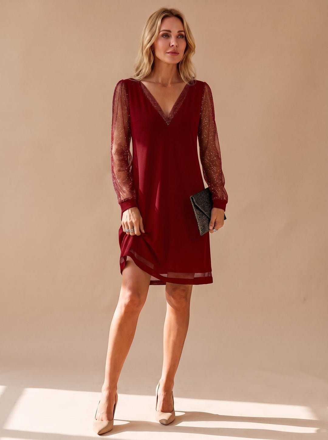 Women's V Neck Glitter Mesh Mini Christmas Party Dress - Red